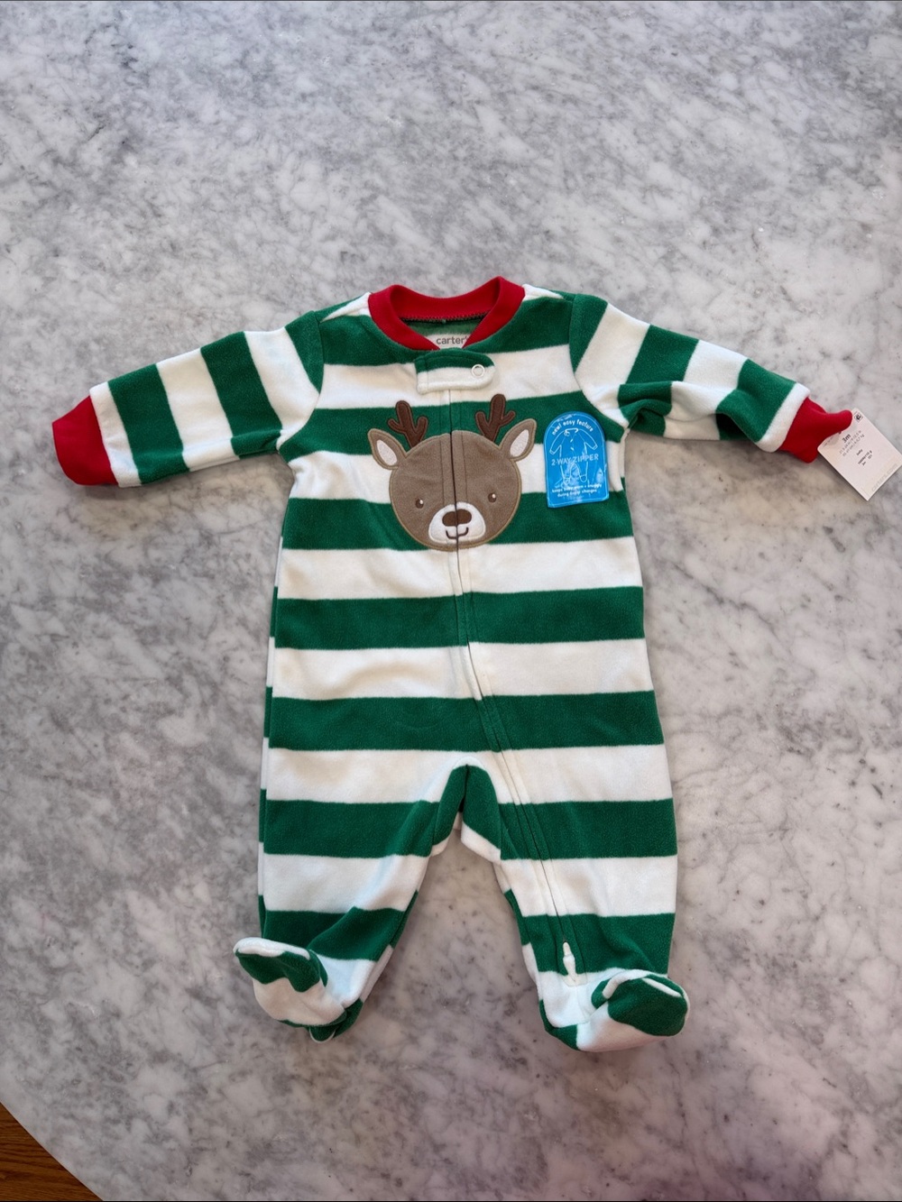 NWT Carter's Green & White Striped Reindeer Footed One-Piece with Red Trim
